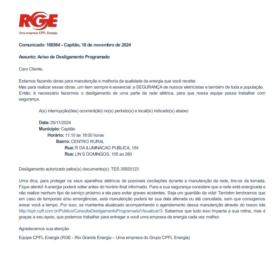Aviso de desligamento de energia!